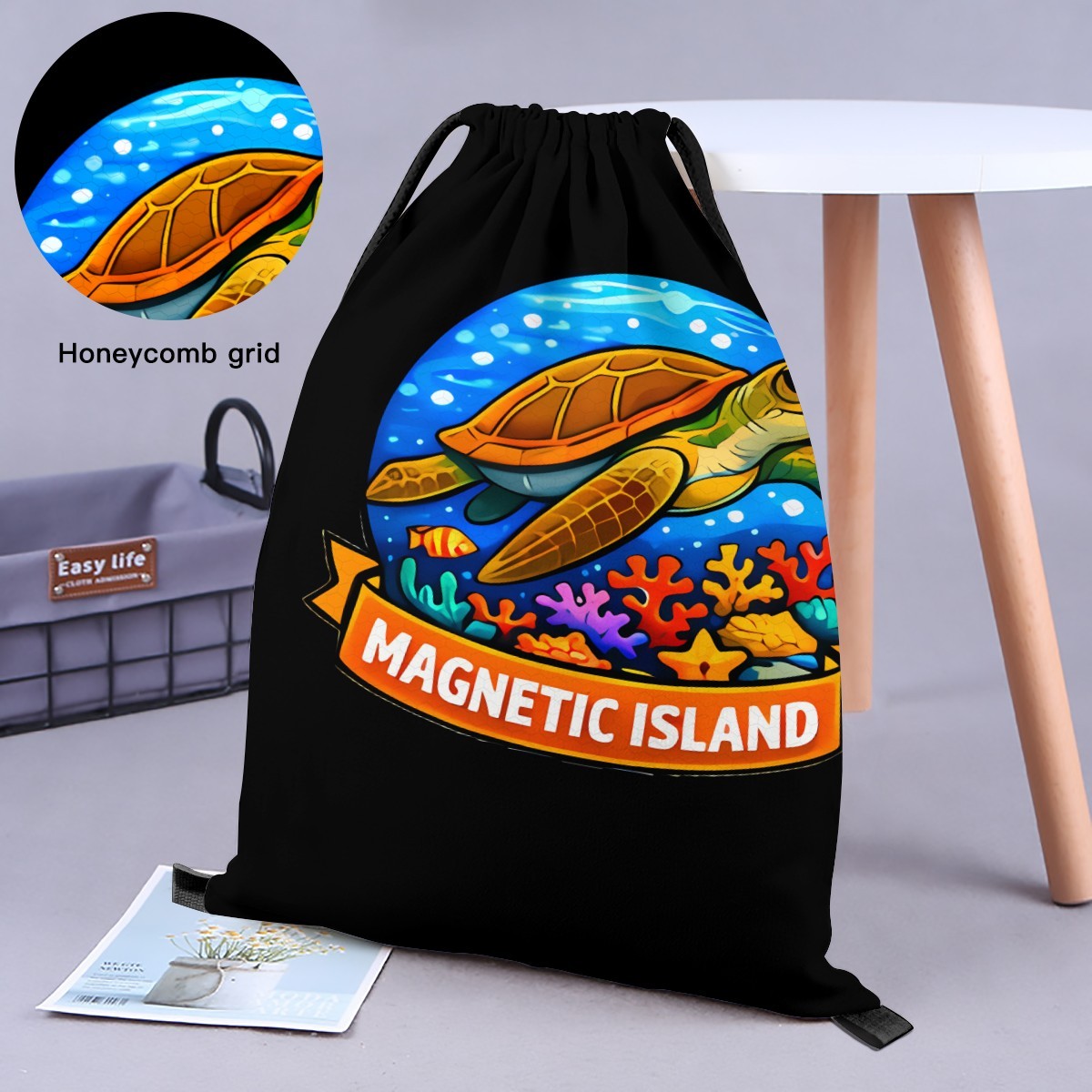 Close-up of the woven fabric texture on the Magnetic Island turtle drawstring bag.