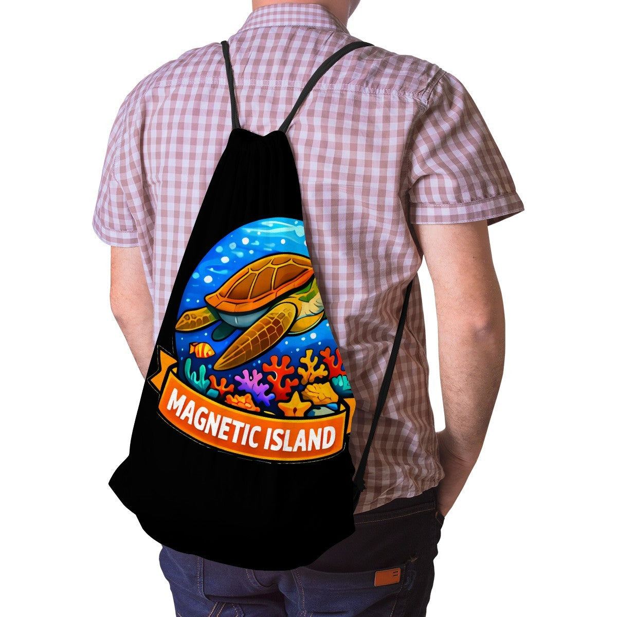 Magnetic Island turtle drawstring bag worn on the back, straps over both shoulders.