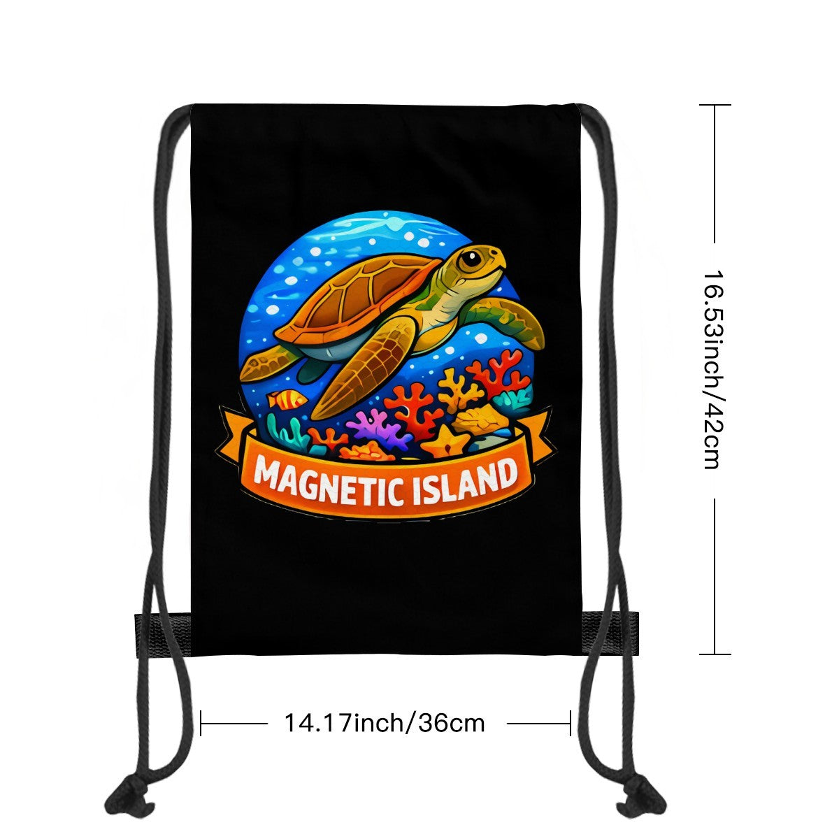 Size chart for the Magnetic Island turtle drawstring bag, 36cm wide by 42cm tall, one size.