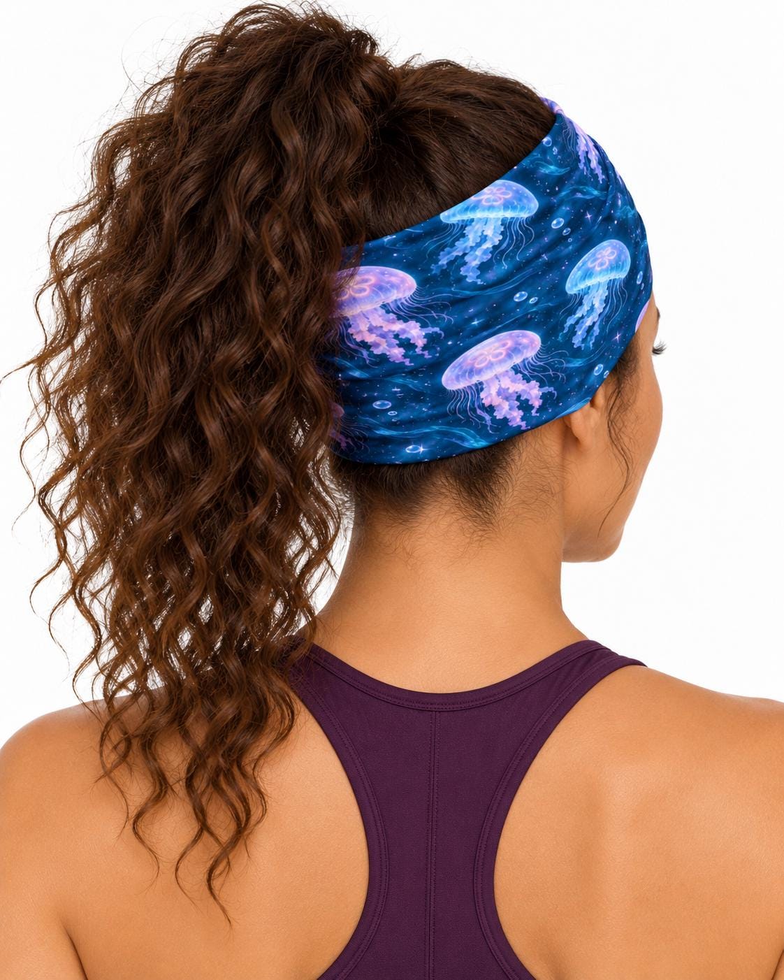 AI generated model wearing the celestial jellyfish neck gaiter as a headband, back view