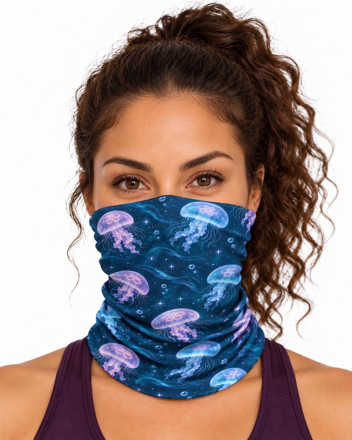 AI generated model wearing the celestial jellyfish neck gaiter as a bandana, front view