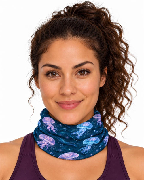 AI generated model wearing the celestial jellyfish neck gaiter pulled up around the neck