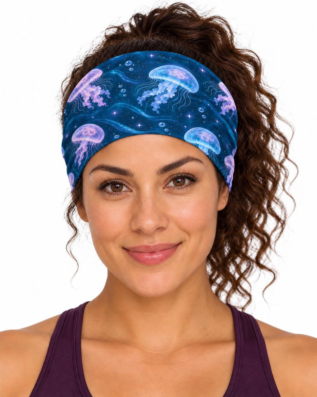 AI generated model wearing the celestial jellyfish neck gaiter as a headband, front view