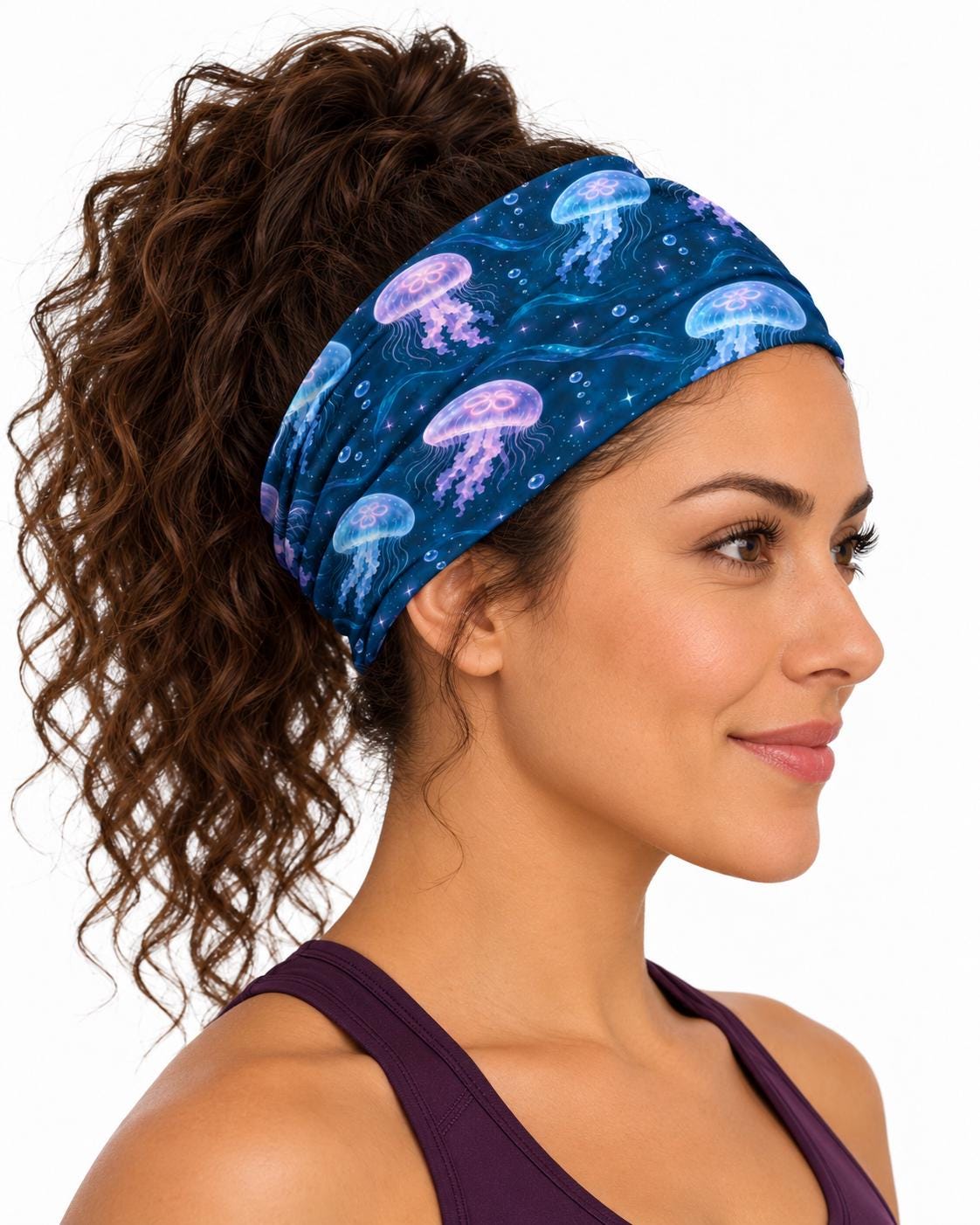 AI generated model wearing the celestial jellyfish neck gaiter as a headband, side view