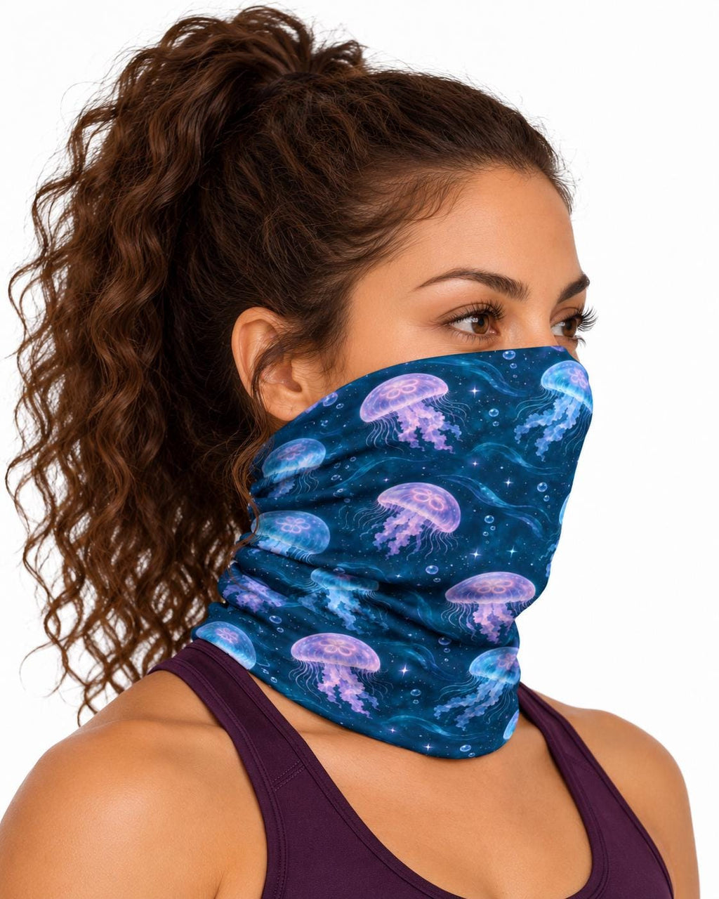 AI generated model wearing the celestial jellyfish neck gaiter as a bandana, side view