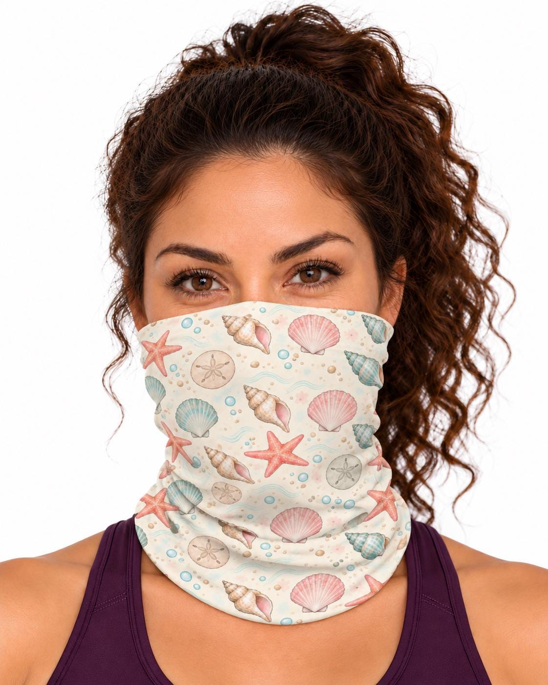 AI generated model wearing the coastal shell neck gaiter as a bandana, side view