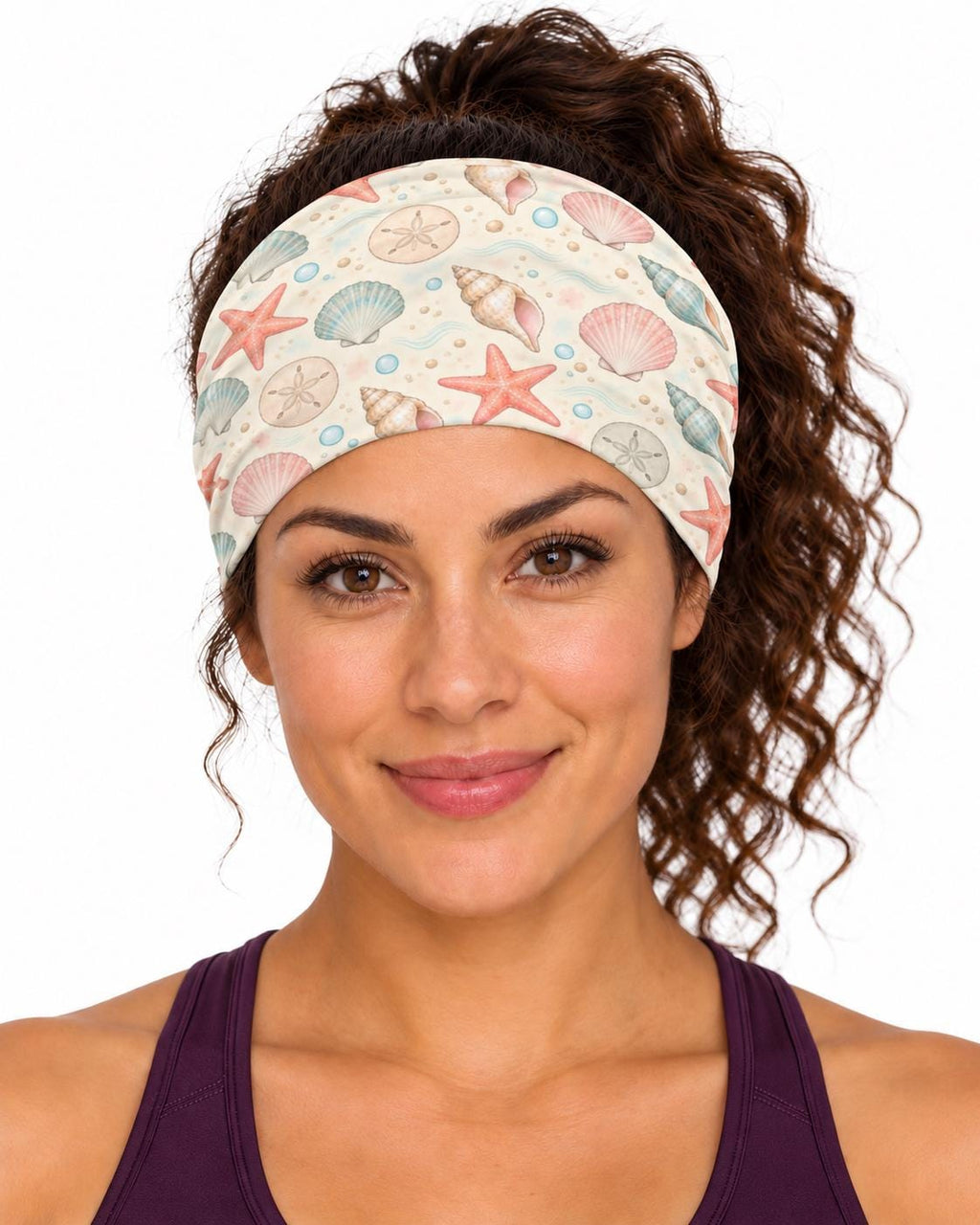 AI generated model wearing the coastal shell neck gaiter as a headband, front view