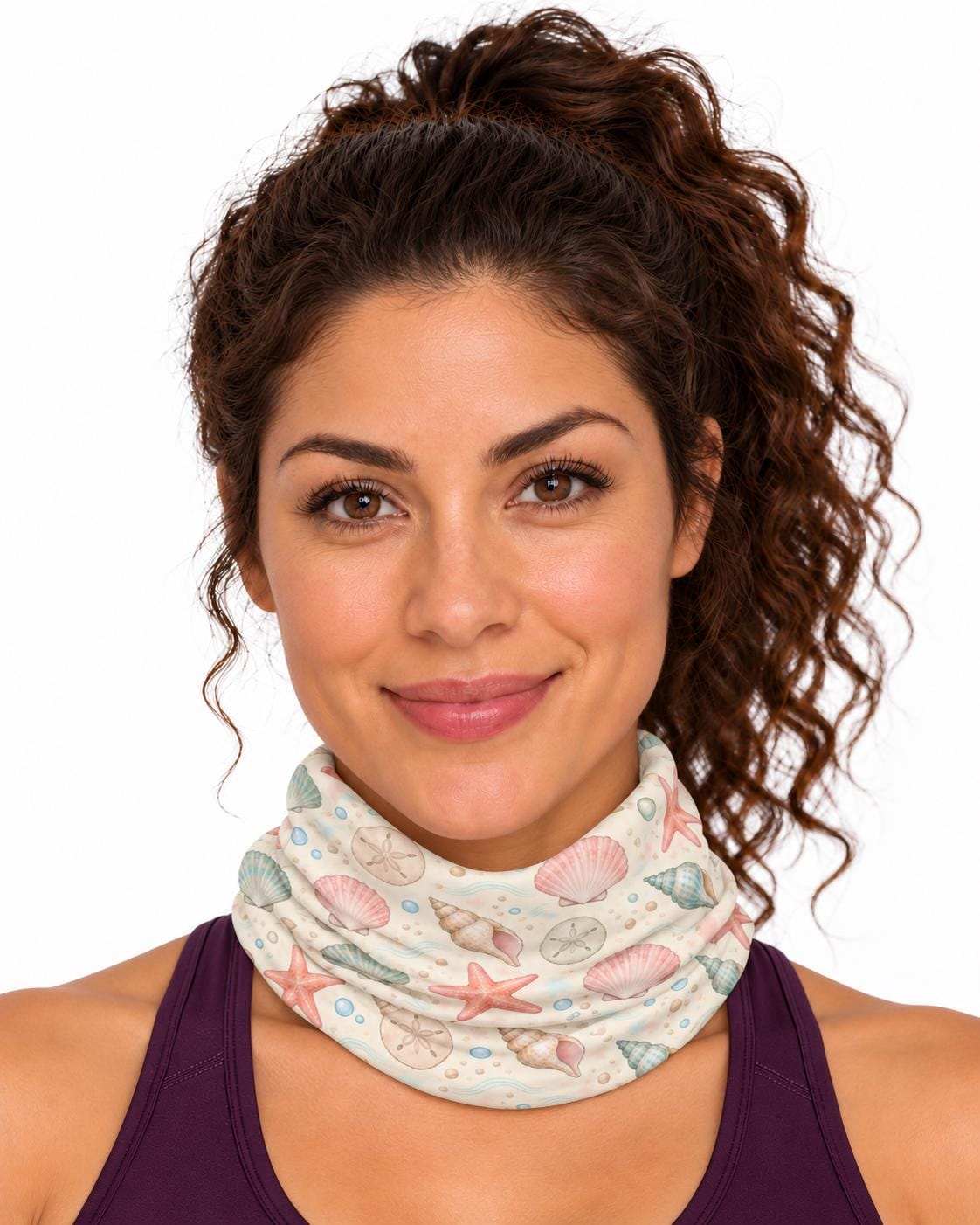 AI generated model wearing the coastal shell neck gaiter pulled up around the neck