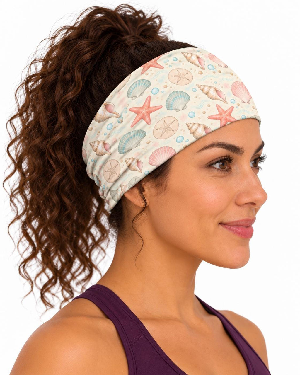 AI generated model wearing the coastal shell neck gaiter as a headband, side view