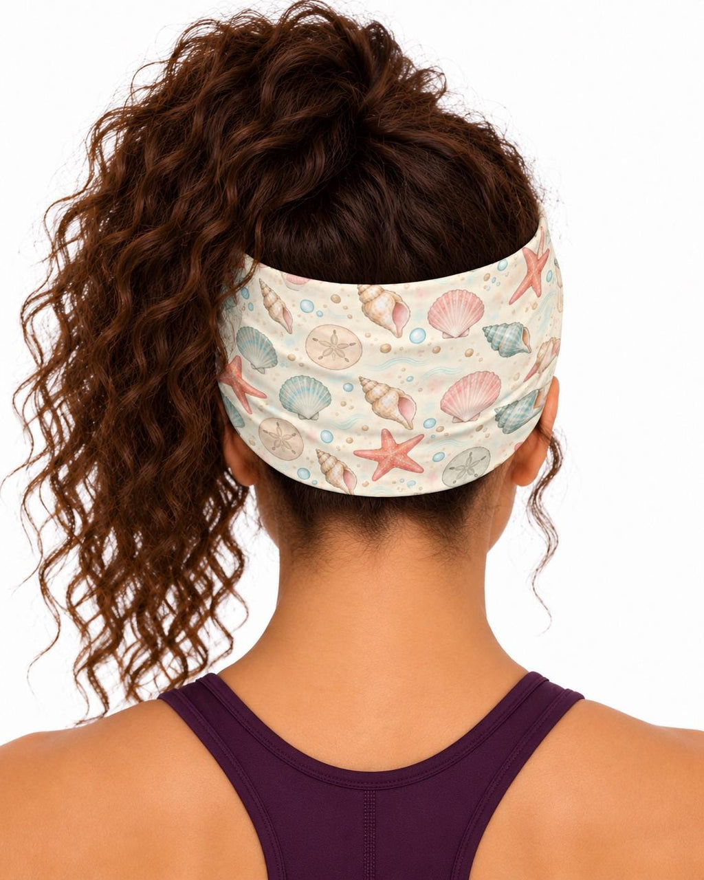 AI generated model wearing the coastal shell neck gaiter as a headband, back view
