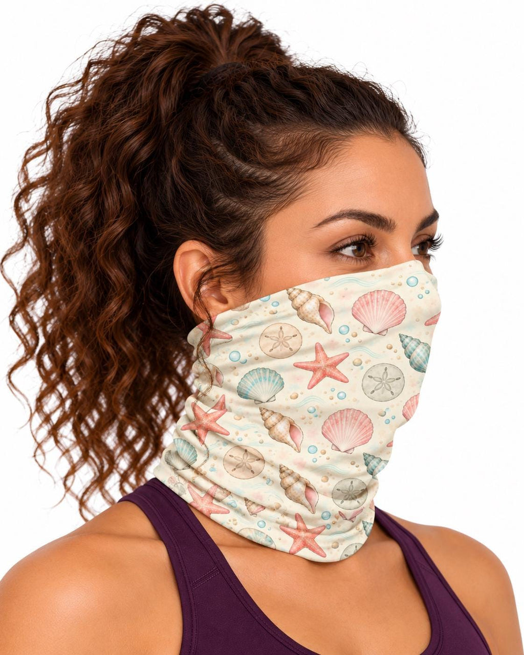 AI generated model wearing the coastal shell neck gaiter as a bandana, side view