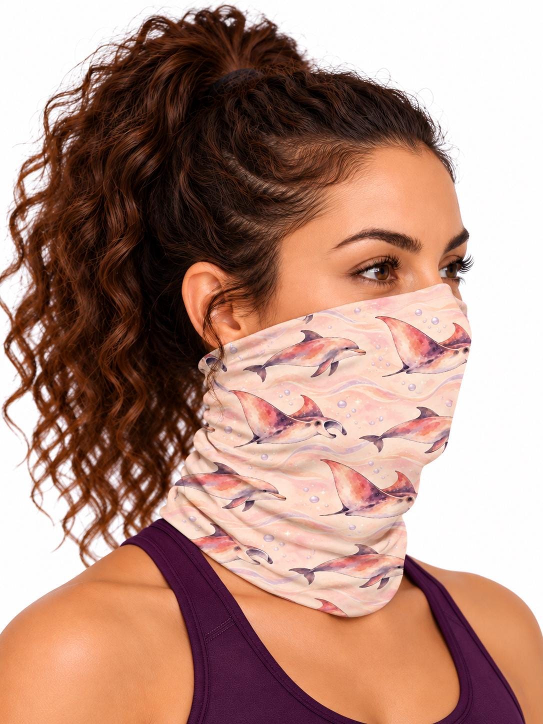 AI generated model wearing the dreamy watercolor ocean neck gaiter as a bandana, side view