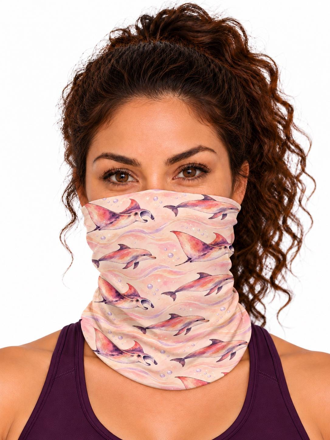 AI generated model wearing the dreamy watercolor ocean neck gaiter as a bandana, front view