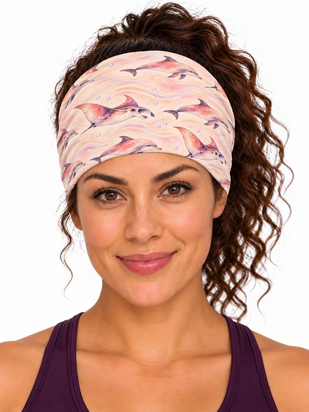 AI generated model wearing the dreamy watercolor ocean neck gaiter as a headband, front view
