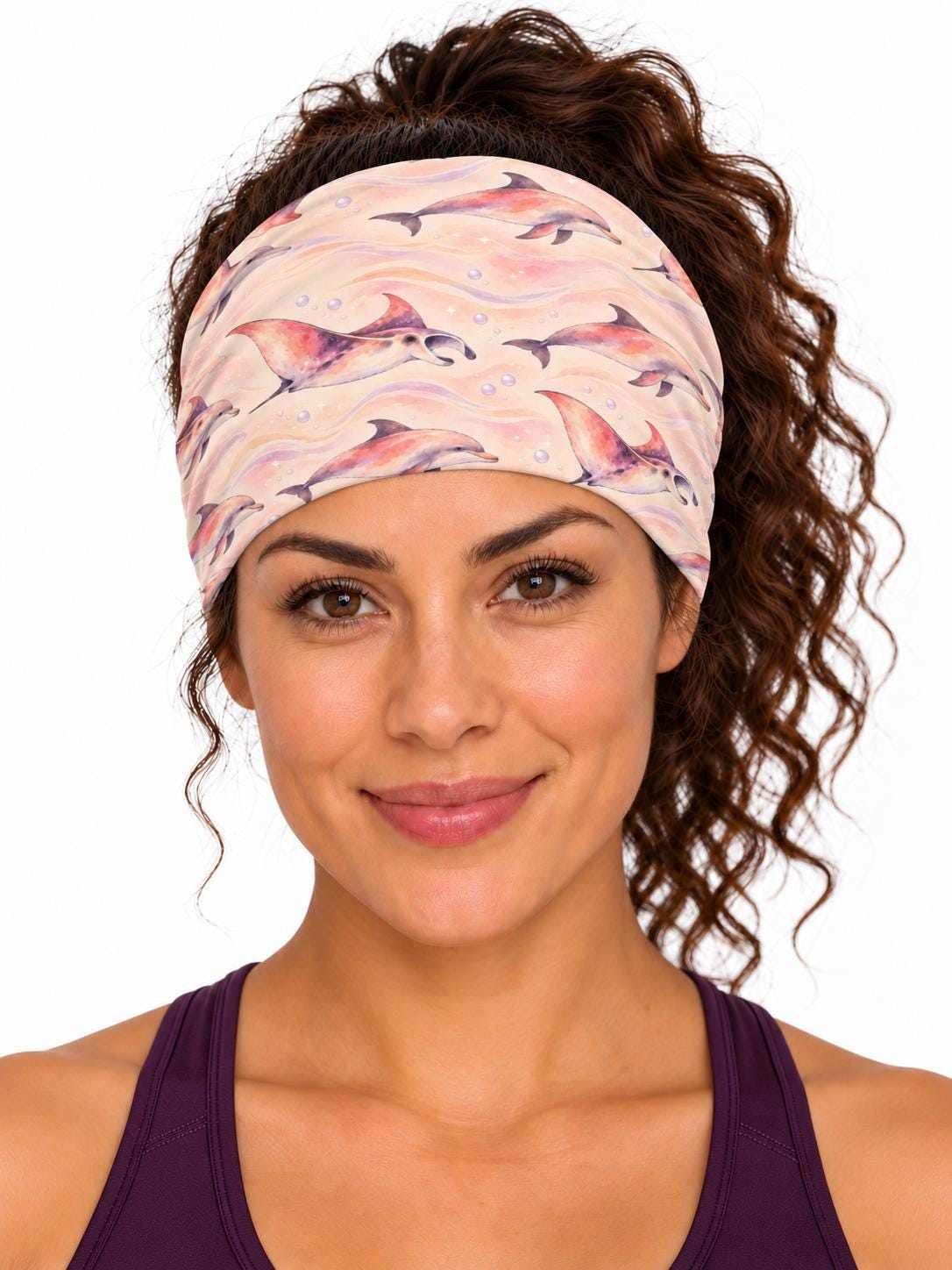AI generated model wearing the dreamy watercolor ocean neck gaiter as a headband, front view