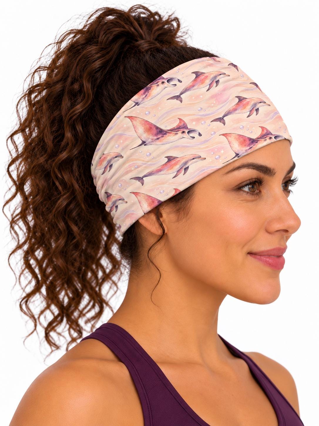 AI generated model wearing the dreamy watercolor ocean neck gaiter as a headband, side view