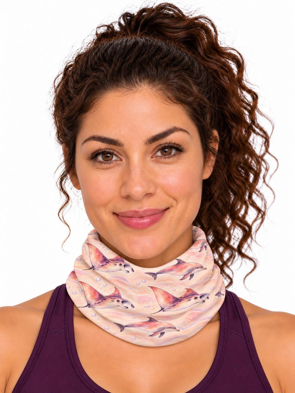AI generated model wearing the dreamy watercolor ocean neck gaiter pulled up around the neck