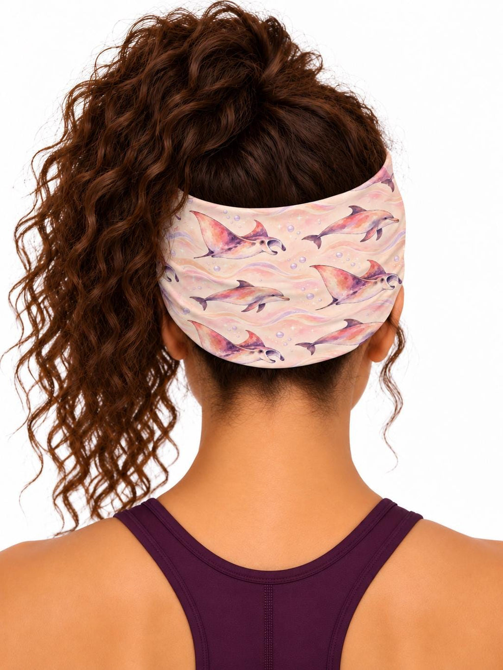AI generated model wearing the dreamy watercolor ocean neck gaiter as a headband, back view