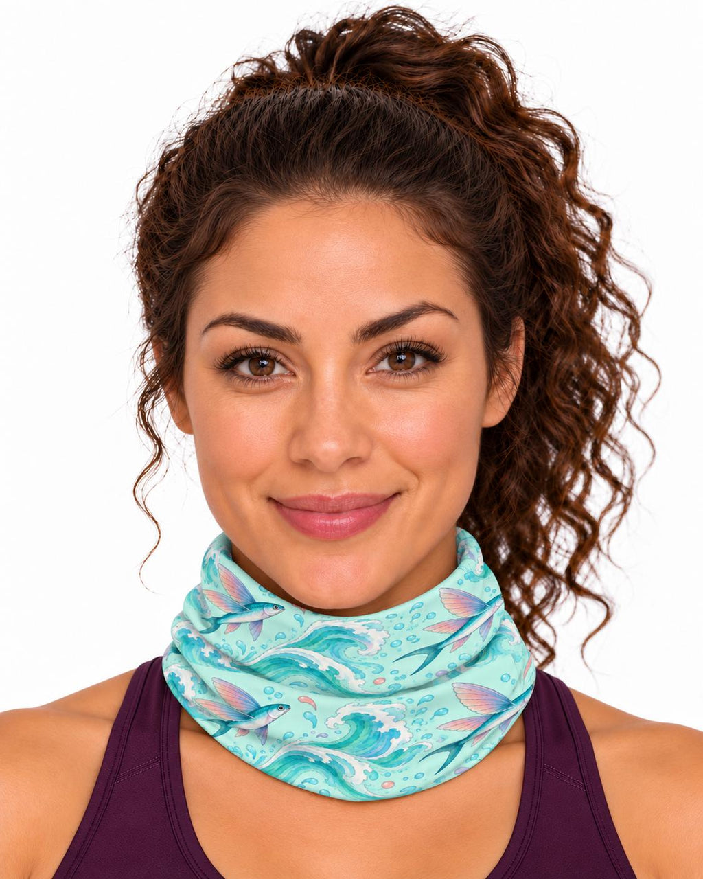 AI generated model wearing the flying fish neck gaiter pulled up around the neck