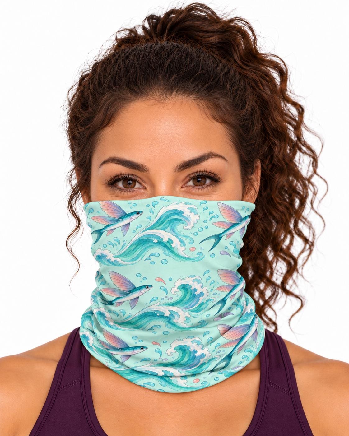 AI generated model wearing the flying fish neck gaiter as a bandana, front view