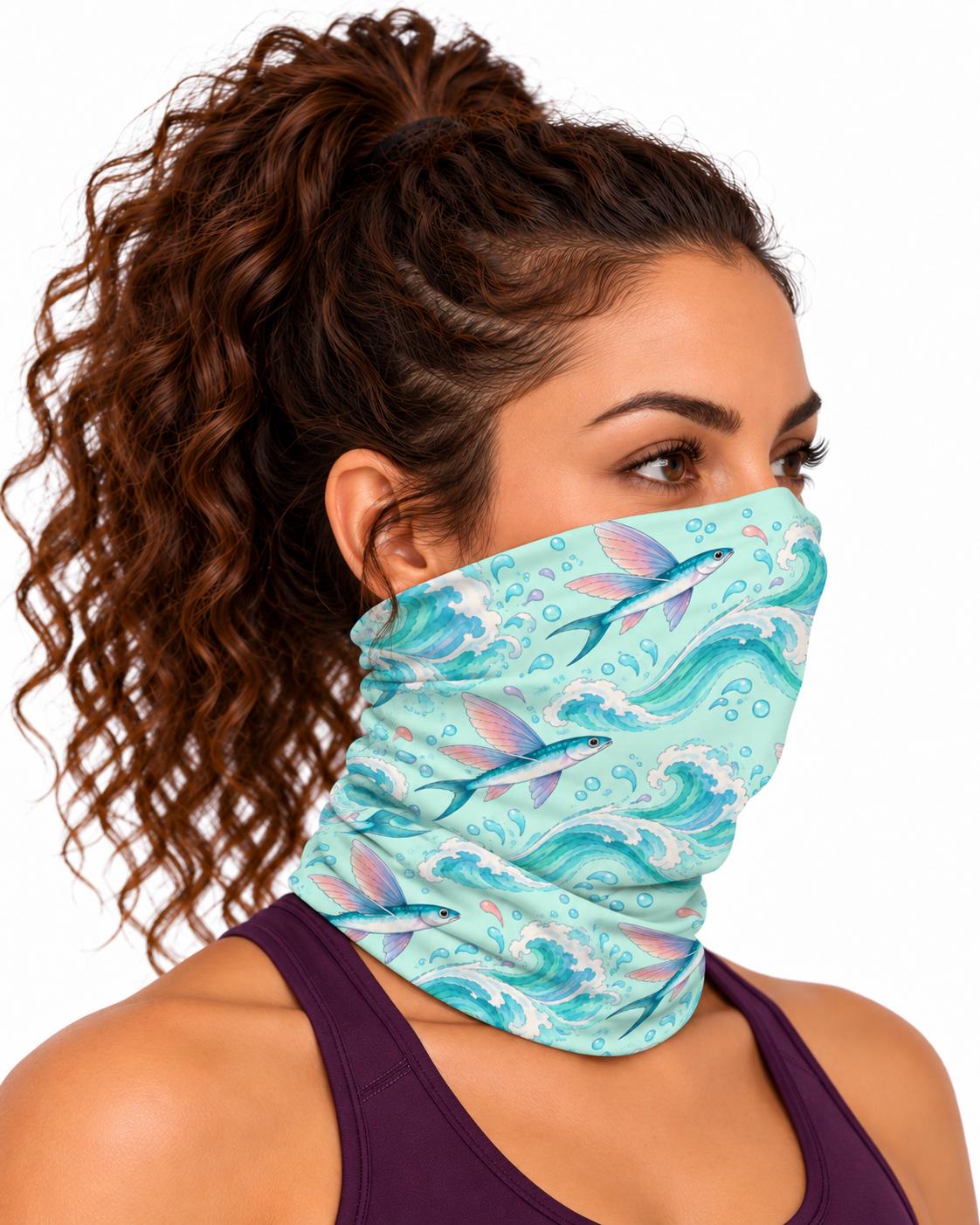 AI generated model wearing the flying fish neck gaiter as a bandana, side view
