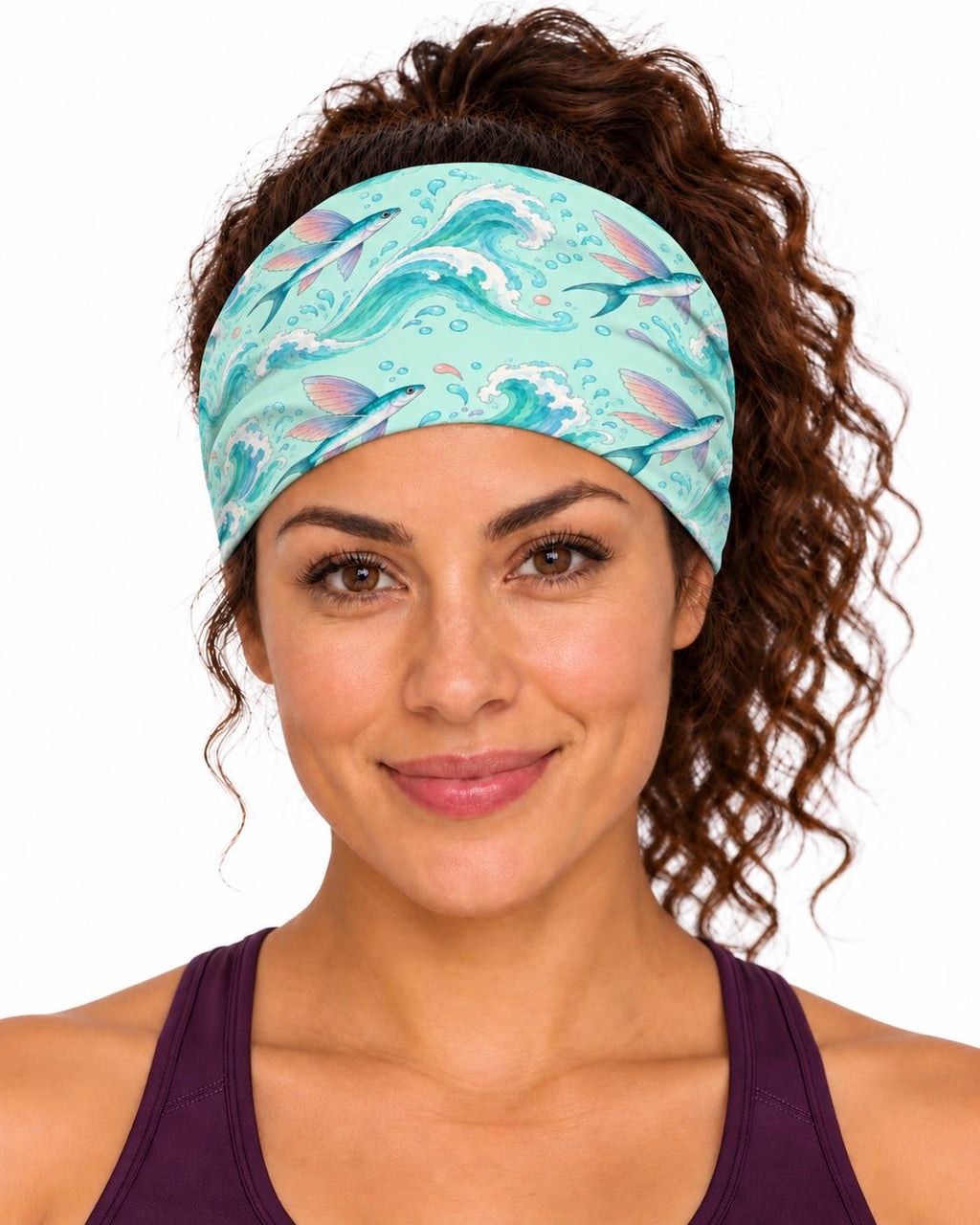 AI generated model wearing the flying fish neck gaiter as a headband, front view
