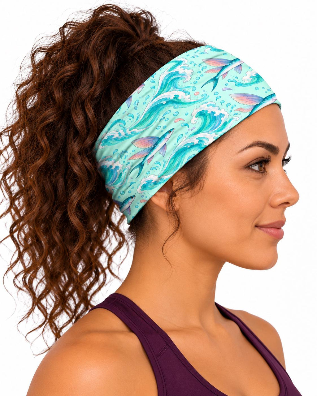 AI generated model wearing the flying fish neck gaiter as a headband, side view