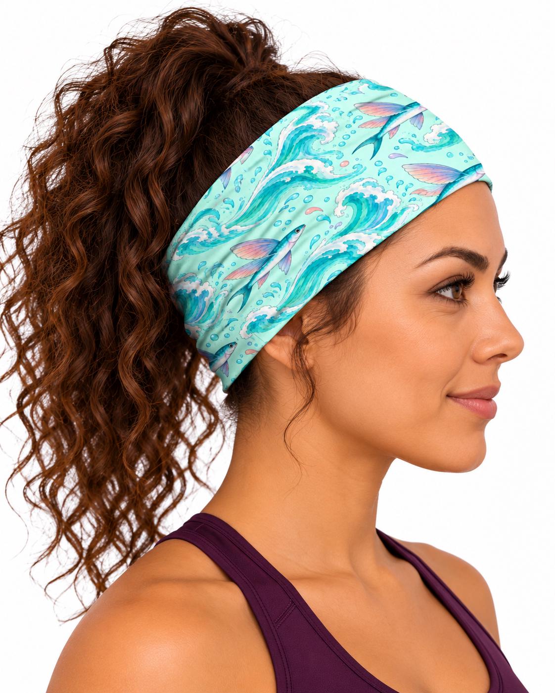 AI generated model wearing the flying fish neck gaiter as a headband, side view
