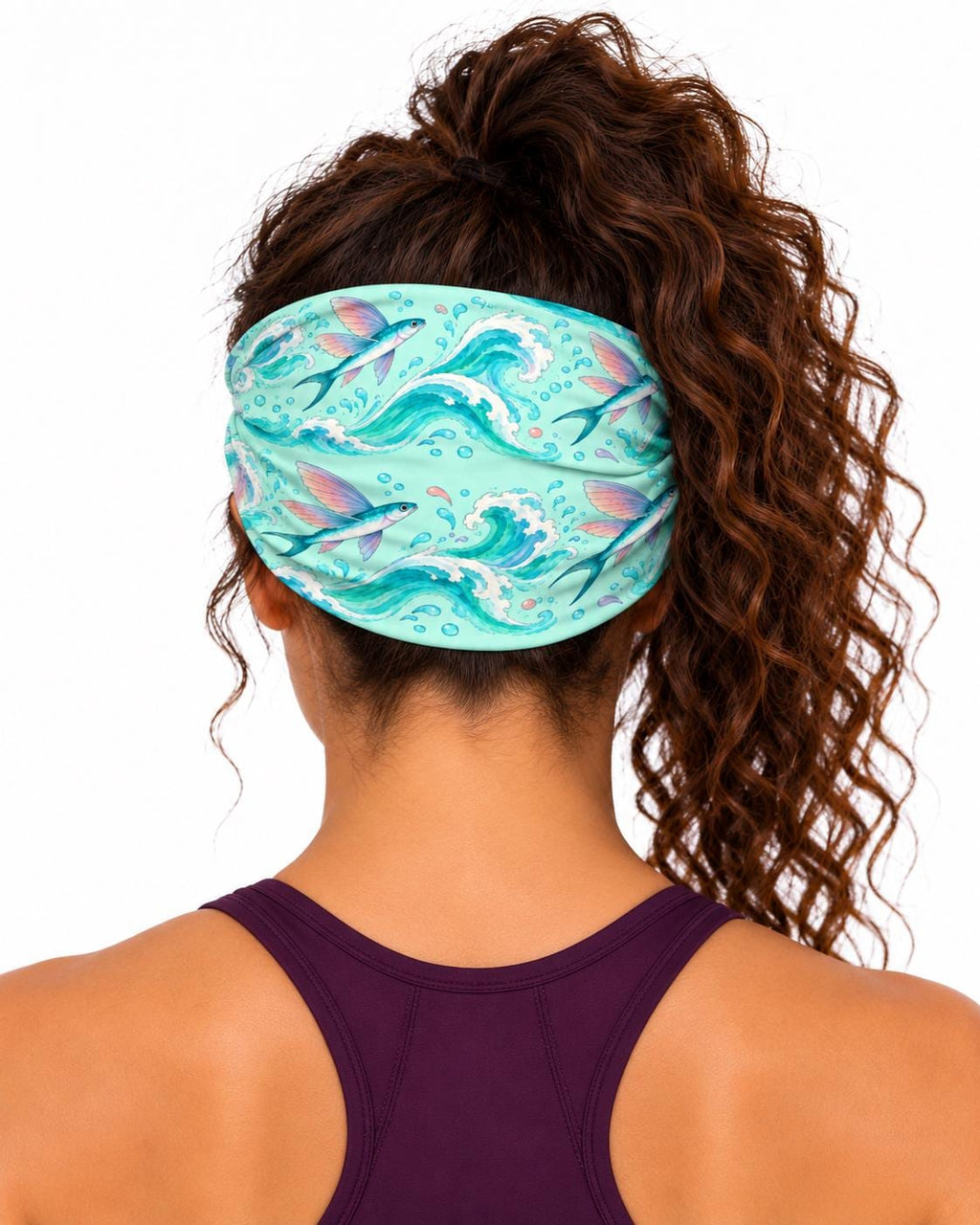 AI generated model wearing the flying fish neck gaiter as a headband, back view