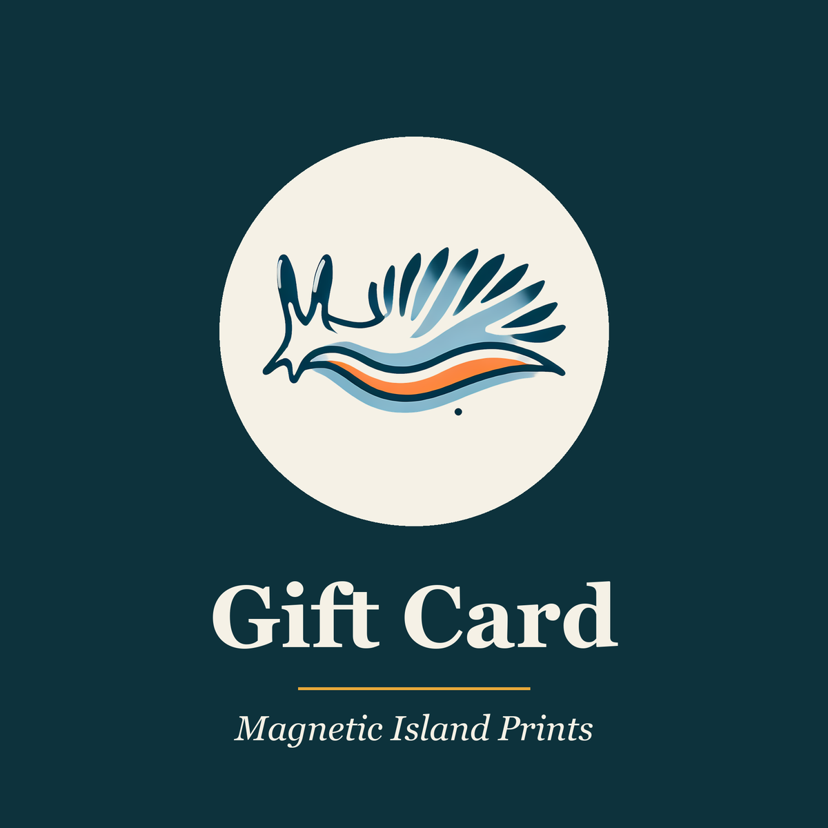 Magnetic Island Prints gift card with a blue line art nudibranch on a cream circle, dark teal background