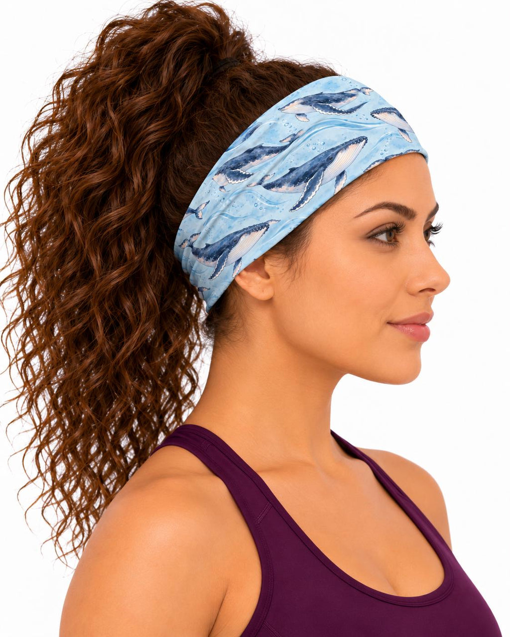 AI generated model wearing the humpback whale neck gaiter as a headband, side view