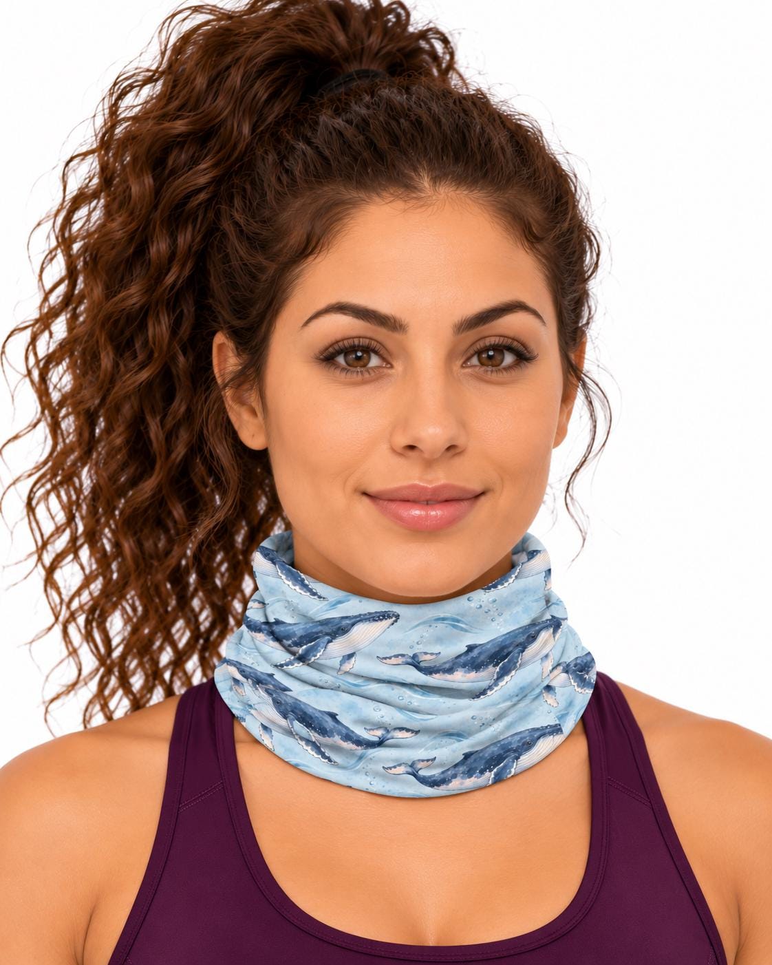 AI generated model wearing the humpback whale neck gaiter pulled up around the neck