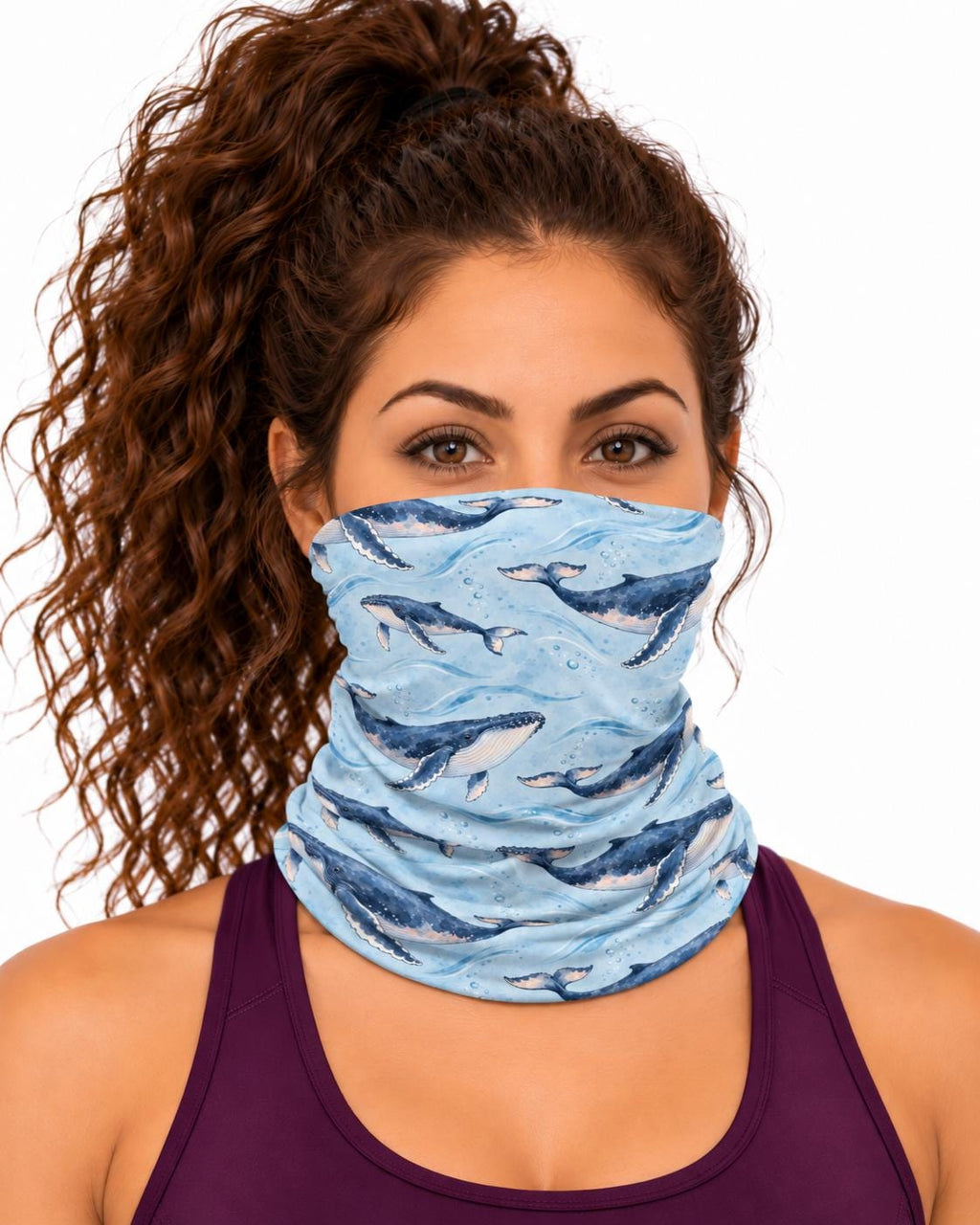 AI generated model wearing the humpback whale neck gaiter as a bandana, front view