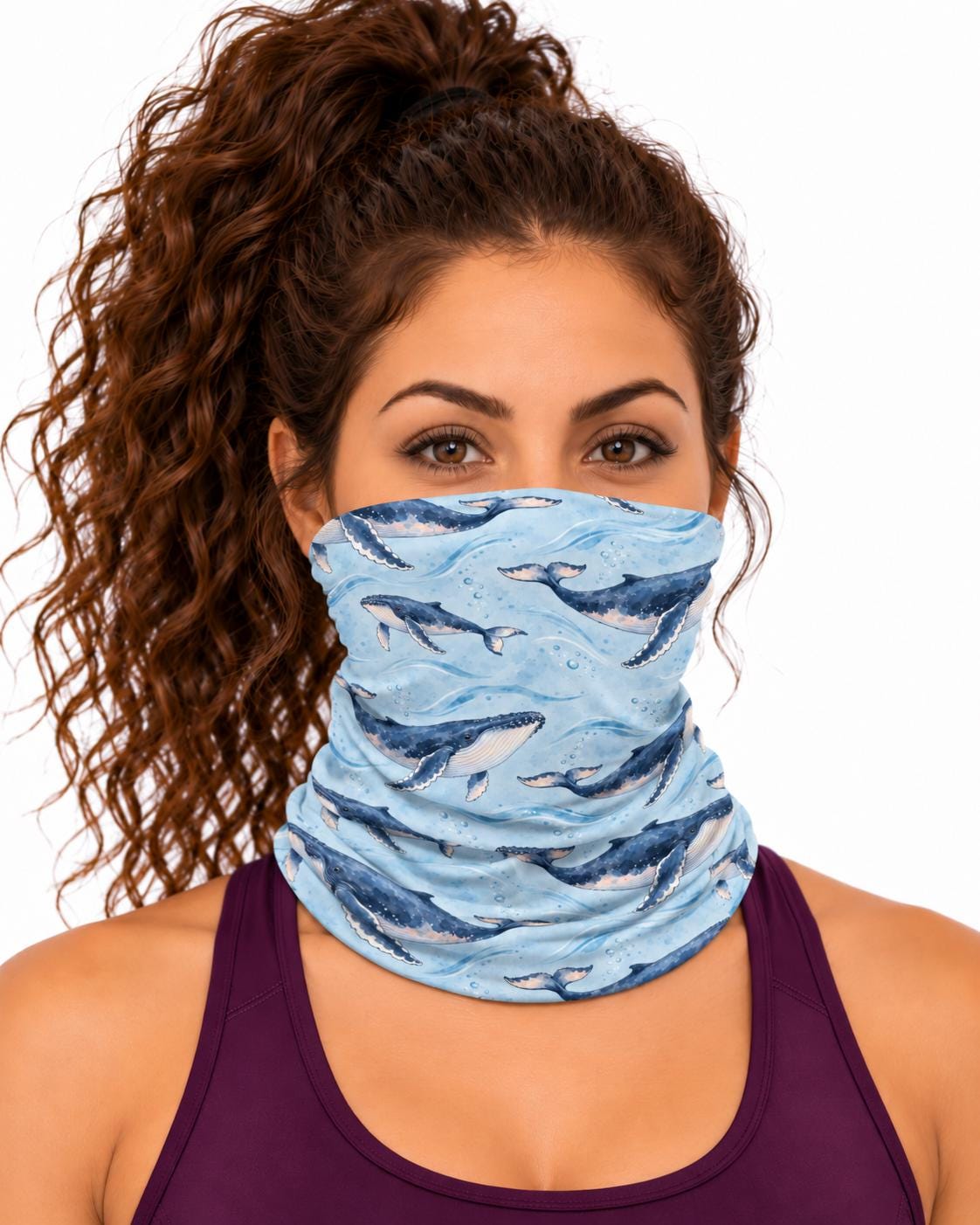 AI generated model wearing the humpback whale neck gaiter as a bandana, front view