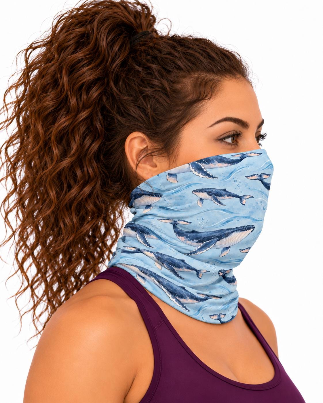 AI generated model wearing the humpback whale neck gaiter as a bandana, side view