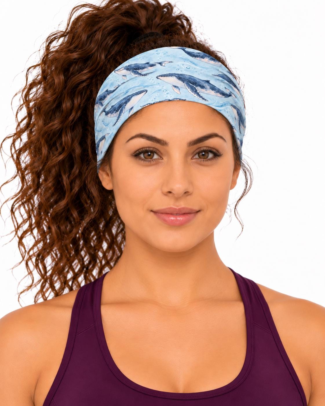 AI generated model wearing the humpback whale neck gaiter as a headband, front view