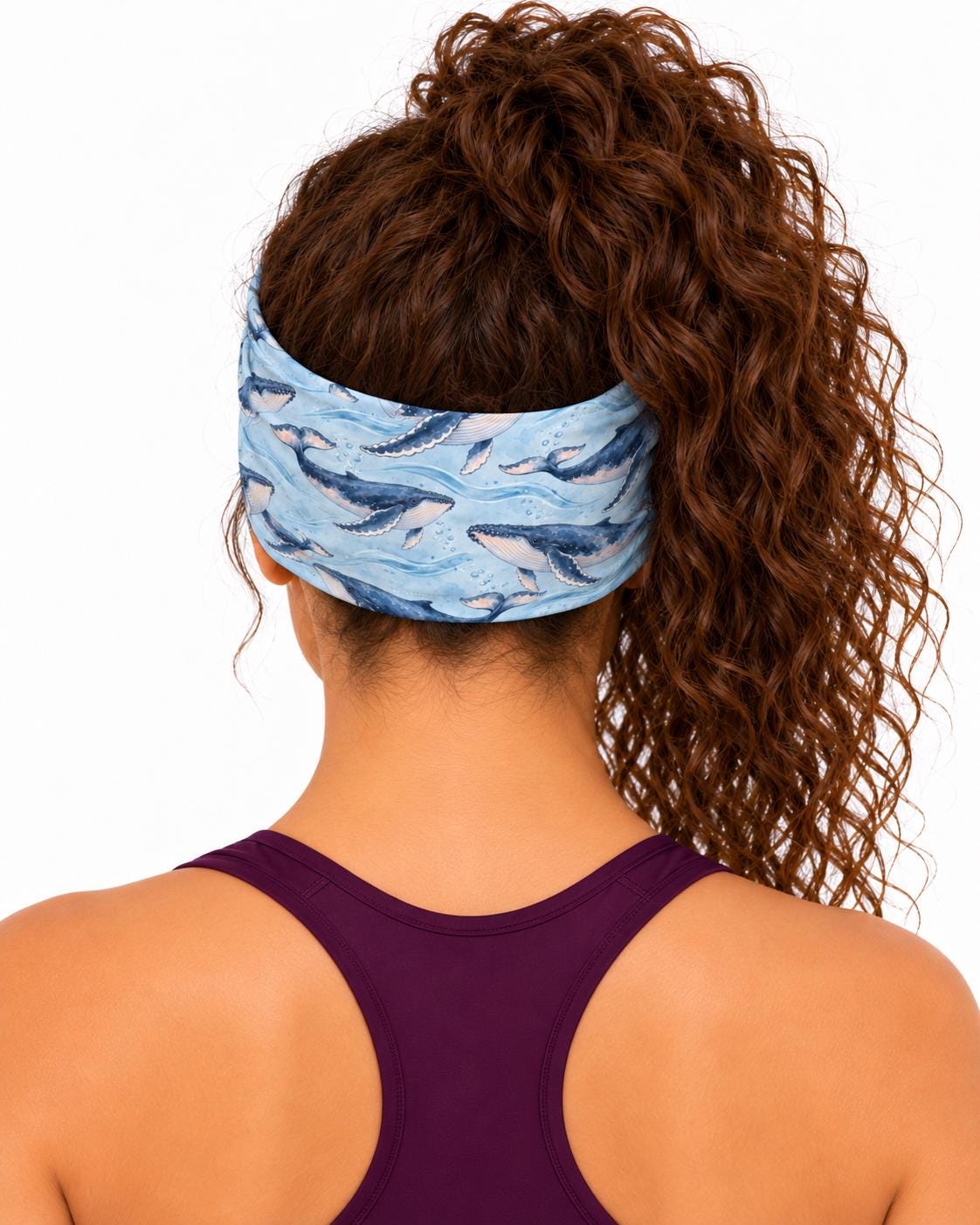 AI generated model wearing the humpback whale neck gaiter as a headband, back view