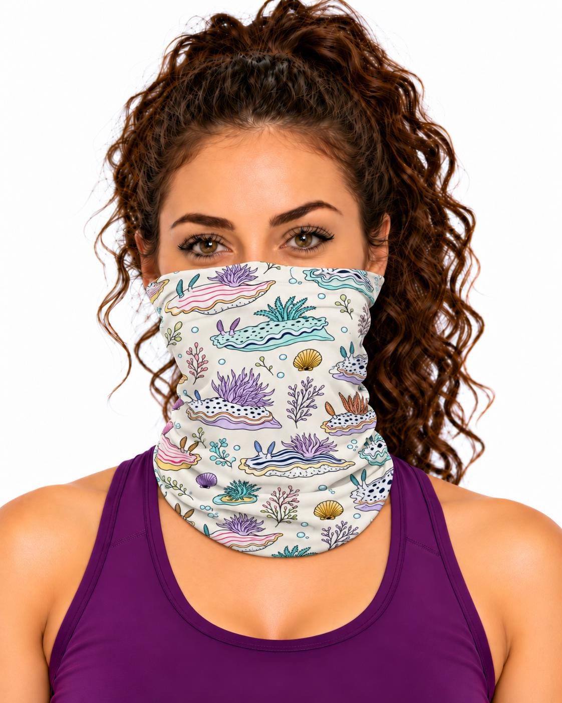 AI generated model wearing the pastel nudibranch neck gaiter pulled up over the nose and mouth, front view