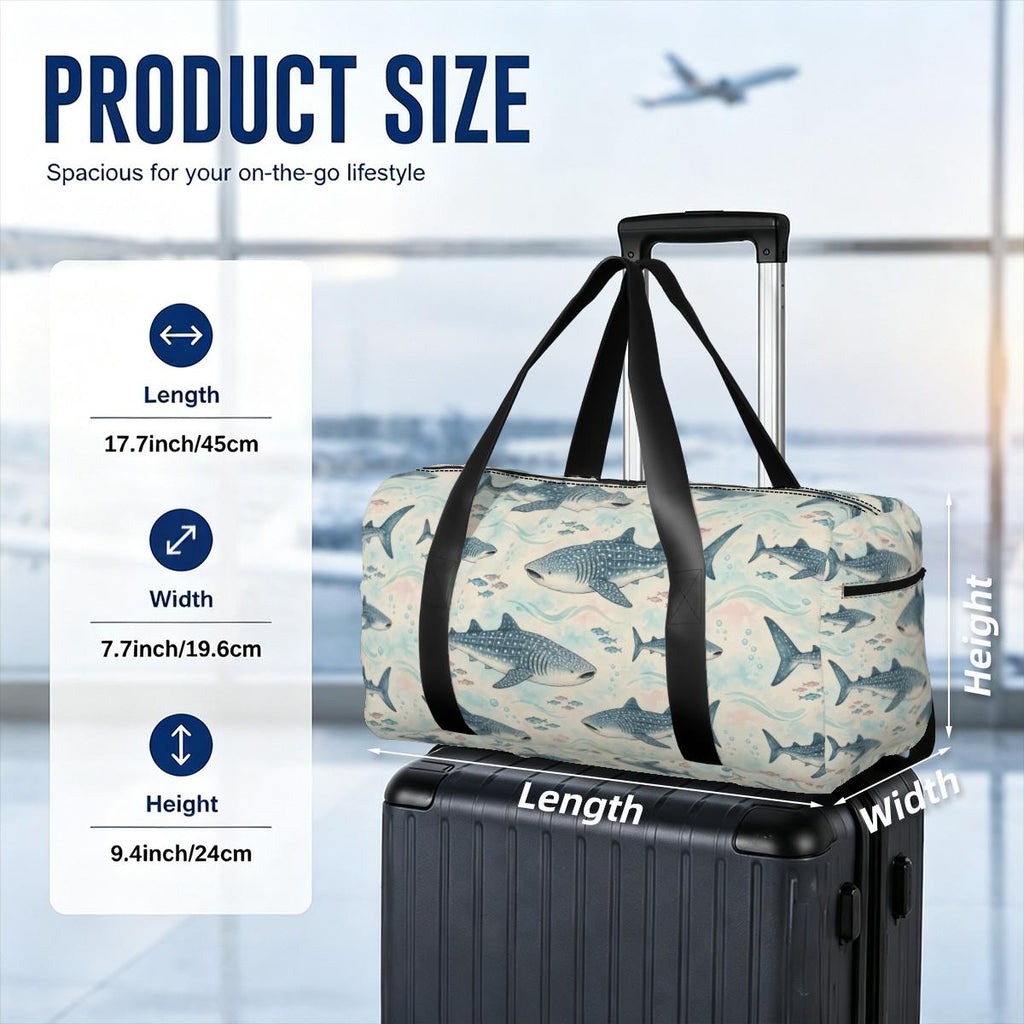 Size diagram of the whale shark duffle bag: 45 cm long, 19.6 cm wide and 24 cm high