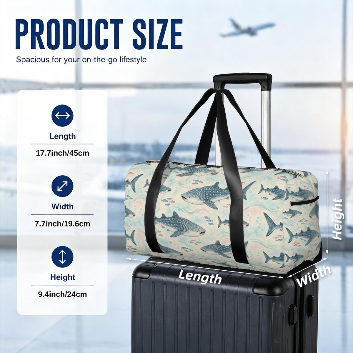 Size diagram of the whale shark duffle bag: 45 cm long, 19.6 cm wide and 24 cm high