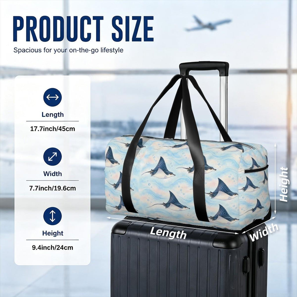 Size diagram of the spotted eagle ray duffle bag: 45 cm long, 19.6 cm wide and 24 cm high