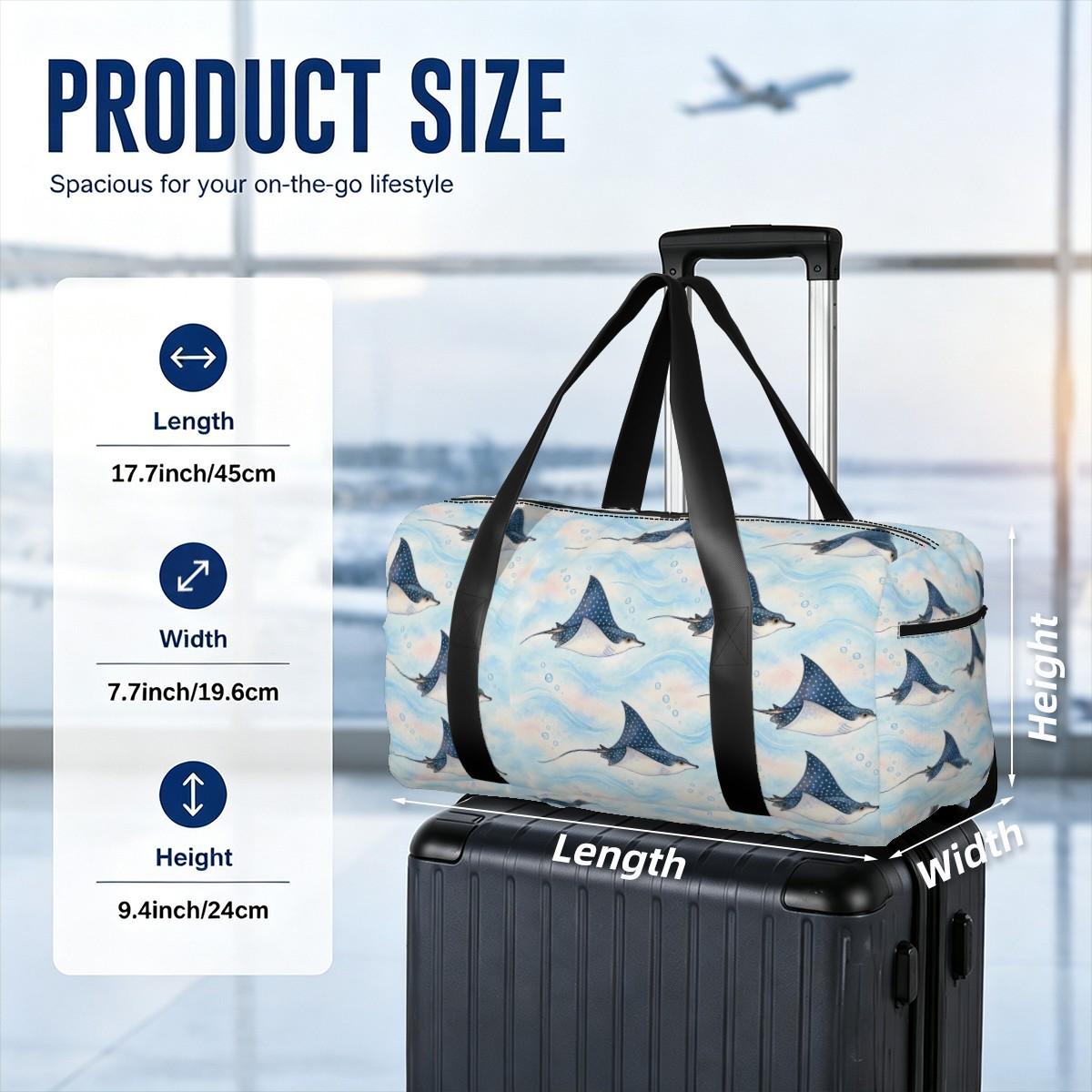 Size diagram of the spotted eagle ray duffle bag: 45 cm long, 19.6 cm wide and 24 cm high