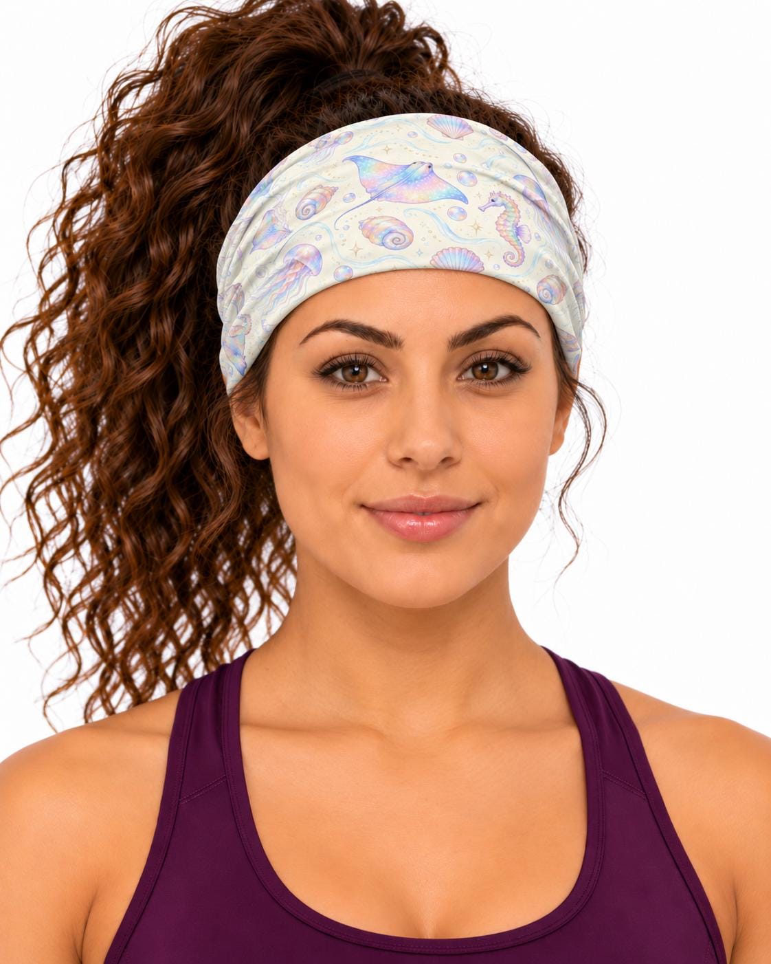 AI generated model wearing the iridescent ocean fantasy neck gaiter as a headband, front view