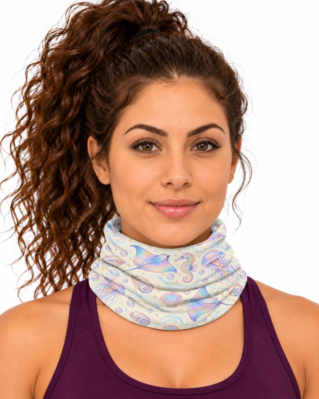 AI generated model wearing the iridescent ocean fantasy neck gaiter pulled up around the neck
