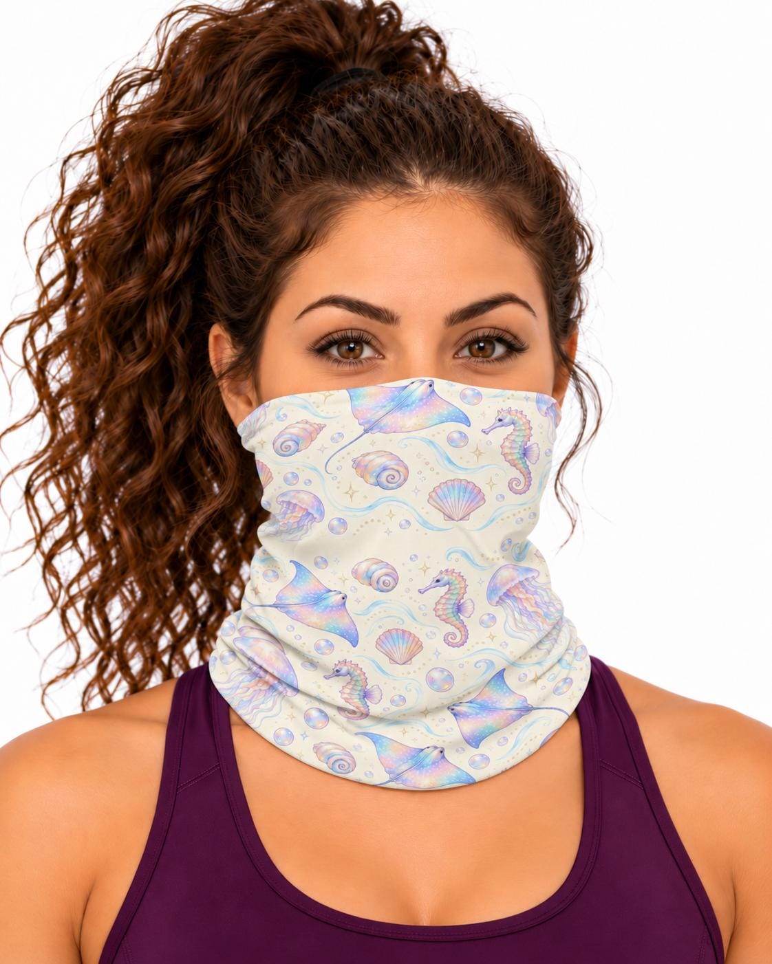 AI generated model wearing the iridescent ocean fantasy neck gaiter as a bandana, front view