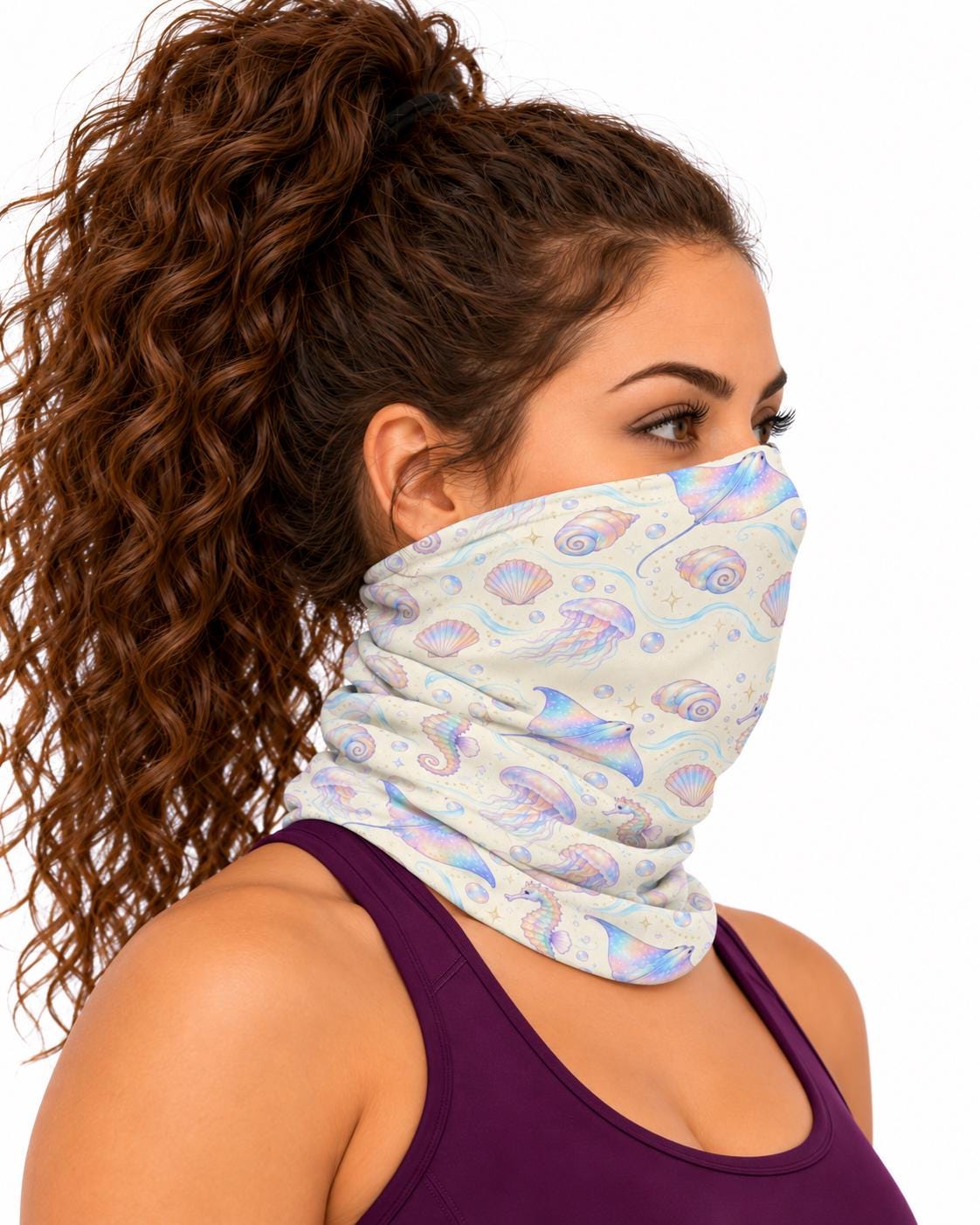 AI generated model wearing the iridescent ocean fantasy neck gaiter as a bandana, side view
