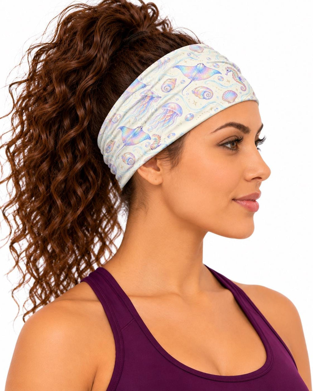 AI generated model wearing the iridescent ocean fantasy neck gaiter as a headband, side view