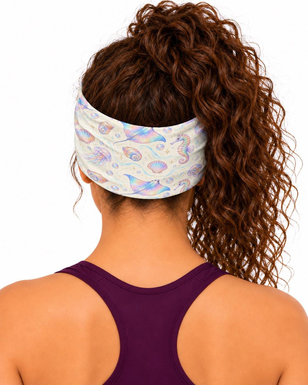 AI generated model wearing the iridescent ocean fantasy neck gaiter as a headband, back view