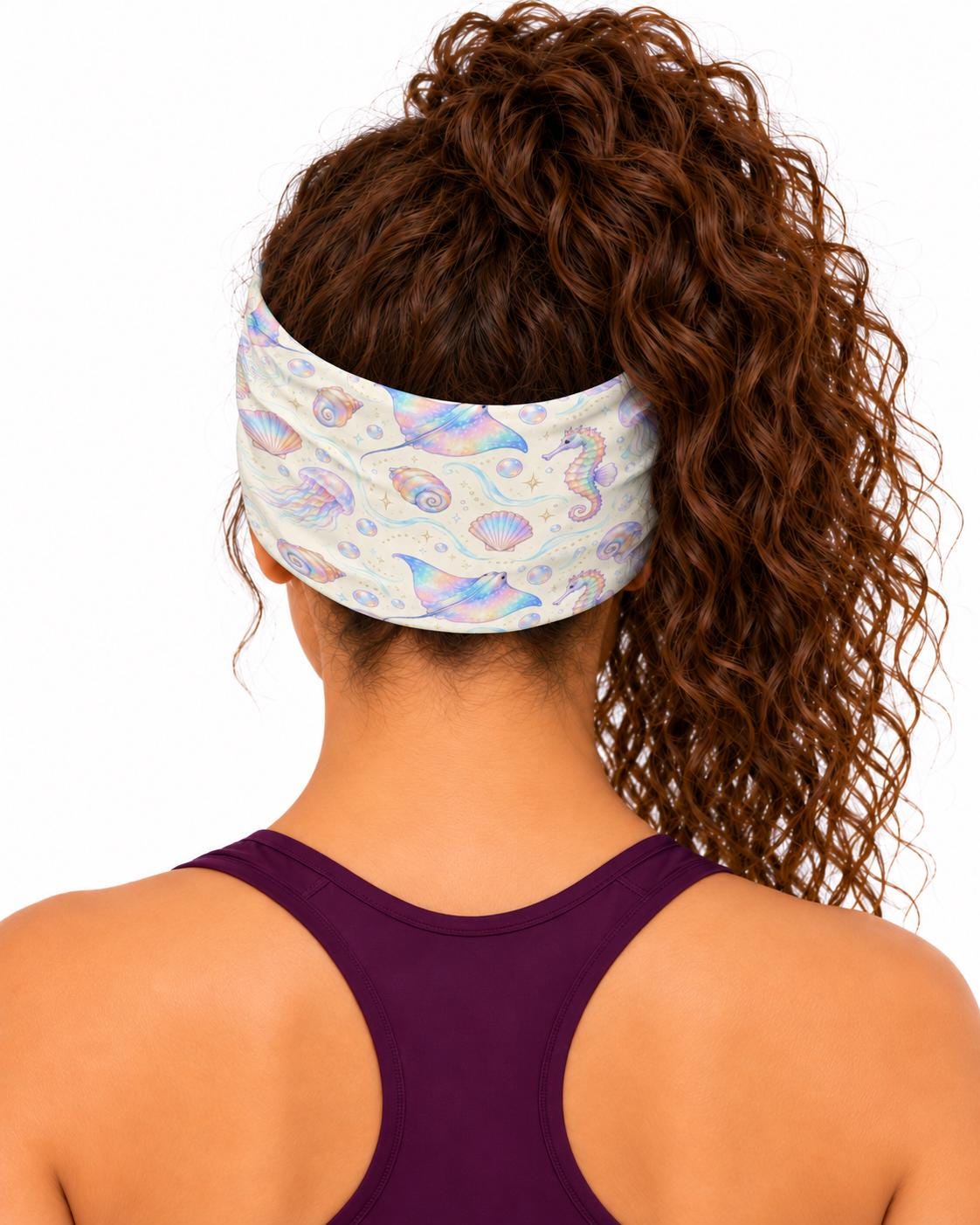 AI generated model wearing the iridescent ocean fantasy neck gaiter as a headband, back view