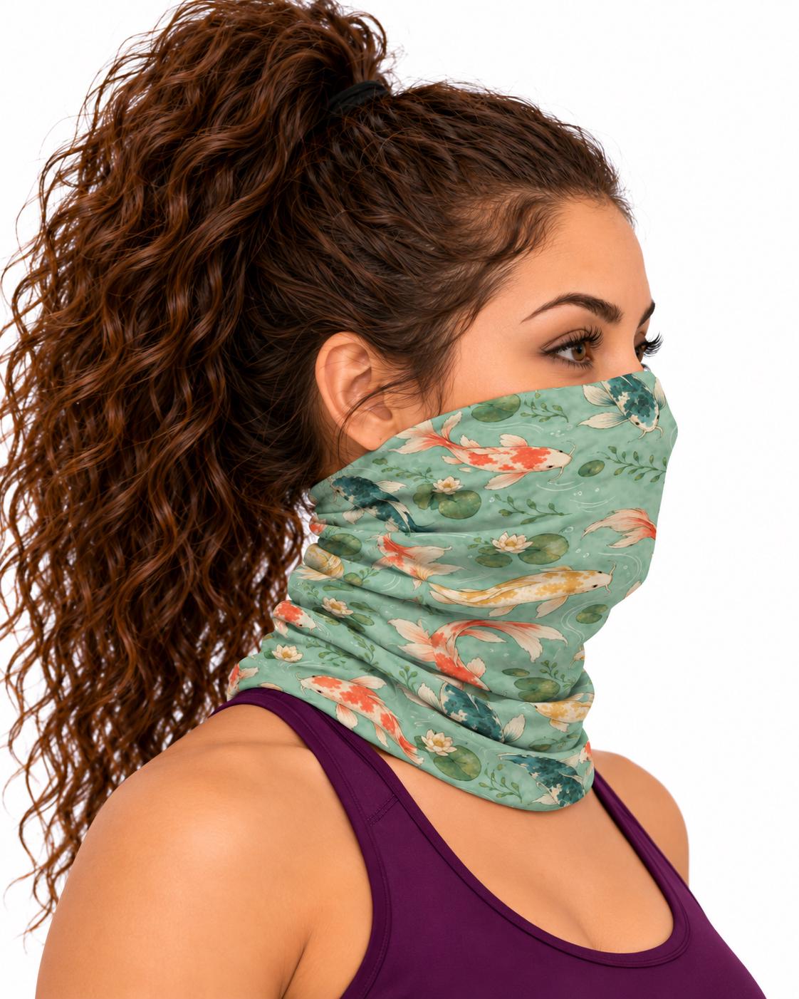 AI generated model wearing the koi pond neck gaiter as a bandana, side view
